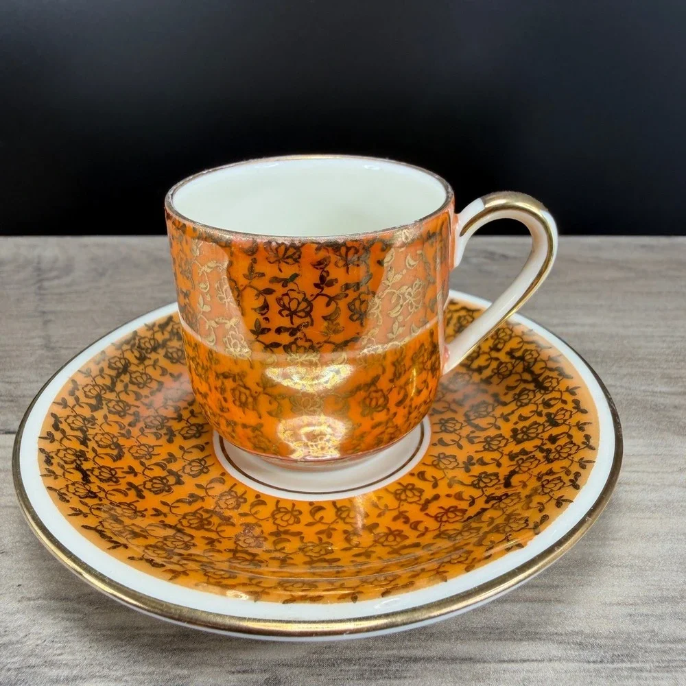 Alka Bavaria Germany Demitasse Cup Saucer‎ Set Orange Luster Gold Filigree VTG